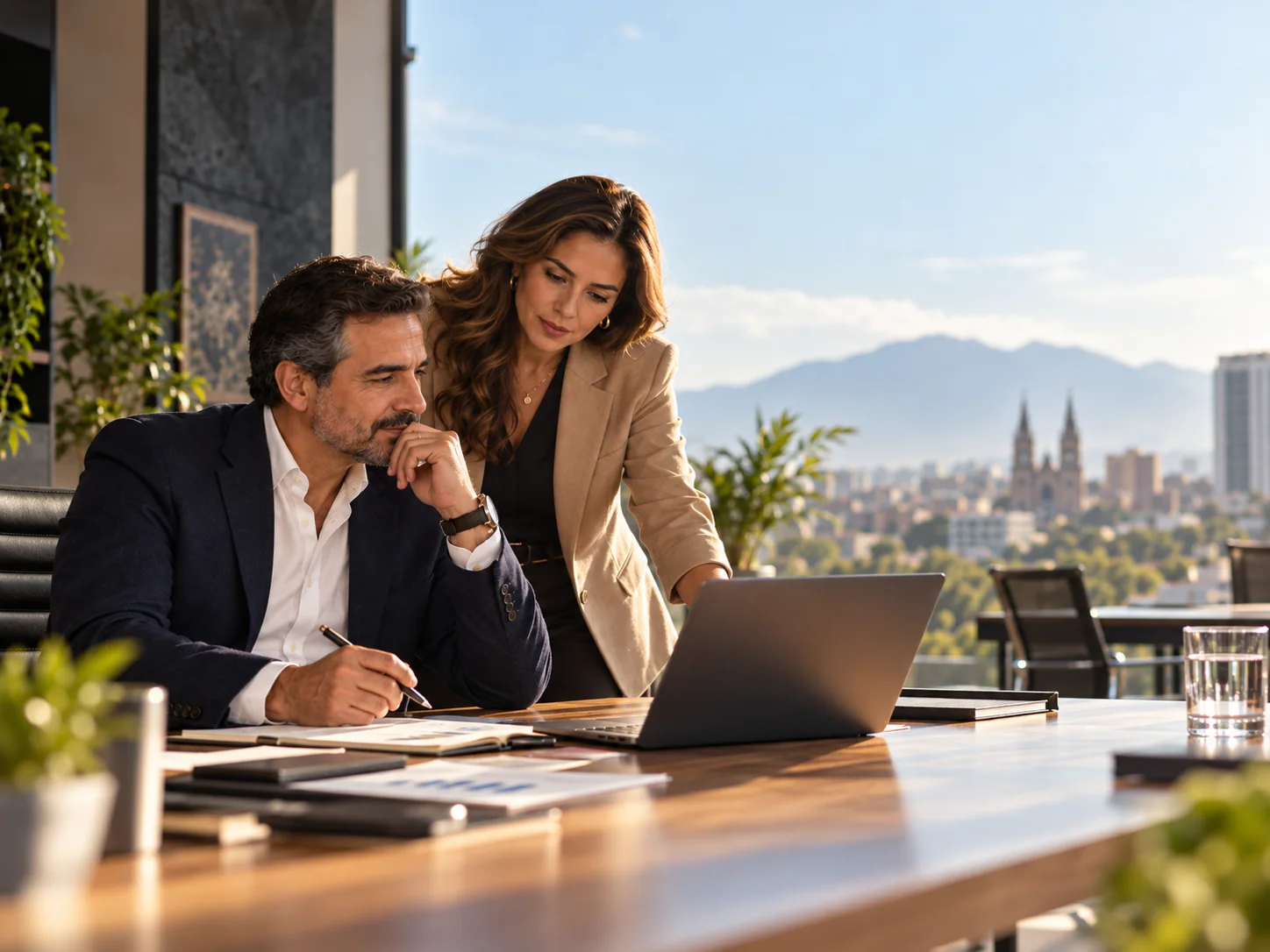 Empresario y consultora revisando juntos la información de la operación